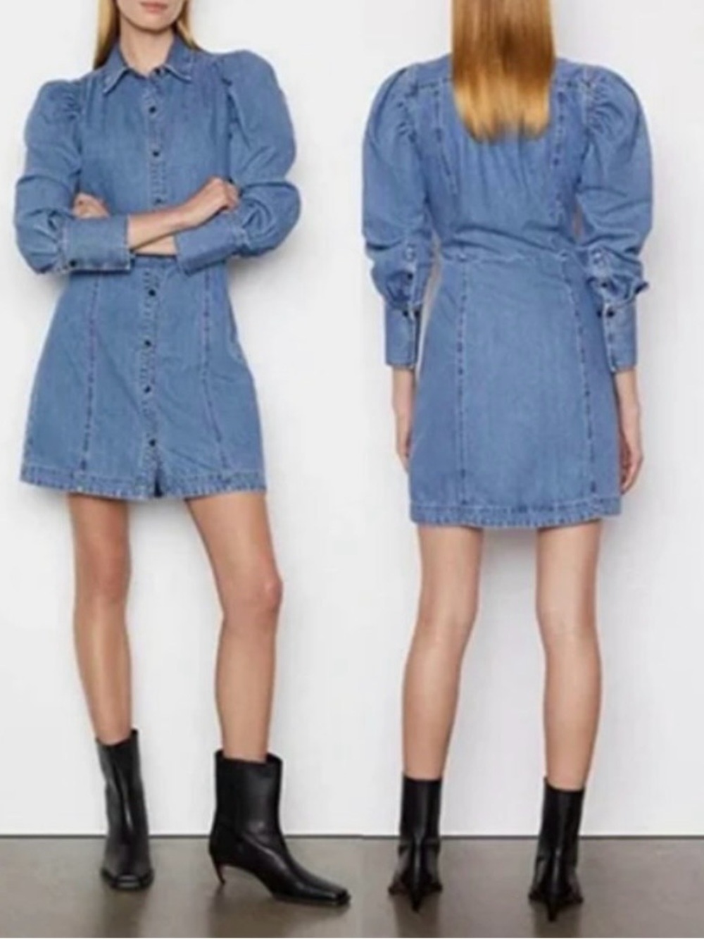 FRAME "Eugenia" Contemporary Puff L. SLV Classic Blue Denim Button-Front Mini L